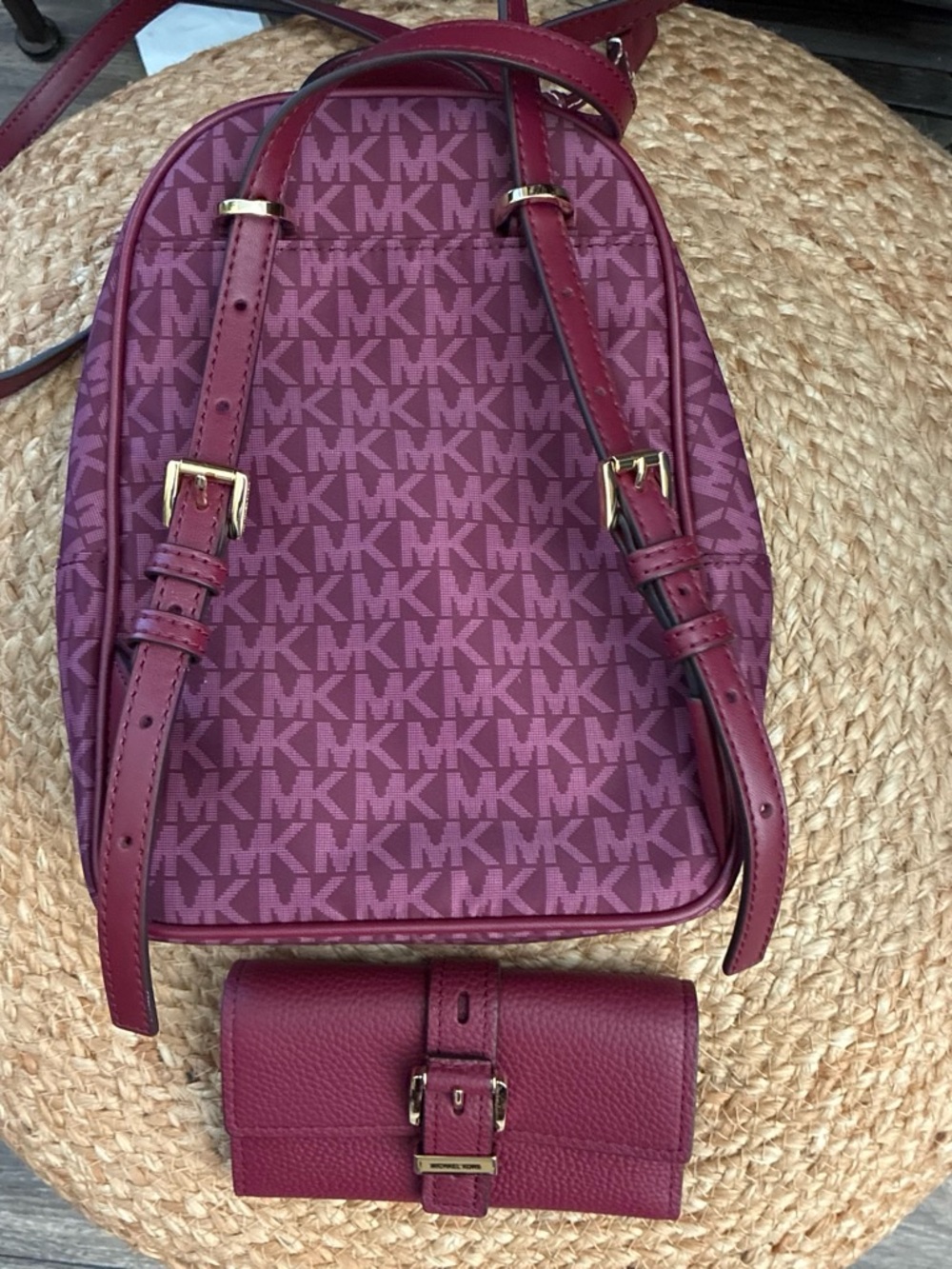Michael Kors Burgundy MK Logo Backpack with Matching Wallet